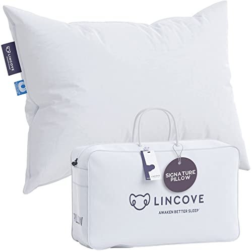 Lincove Lincove Signature 100 Natural Canadian White Down Pillow  Luxury Sleeping Pillow for Back Stomach  Side Sleepers  800 Fill Power Bed Pillow 500 Thread Count Made in Canada Queen  Firm 1 Pack 