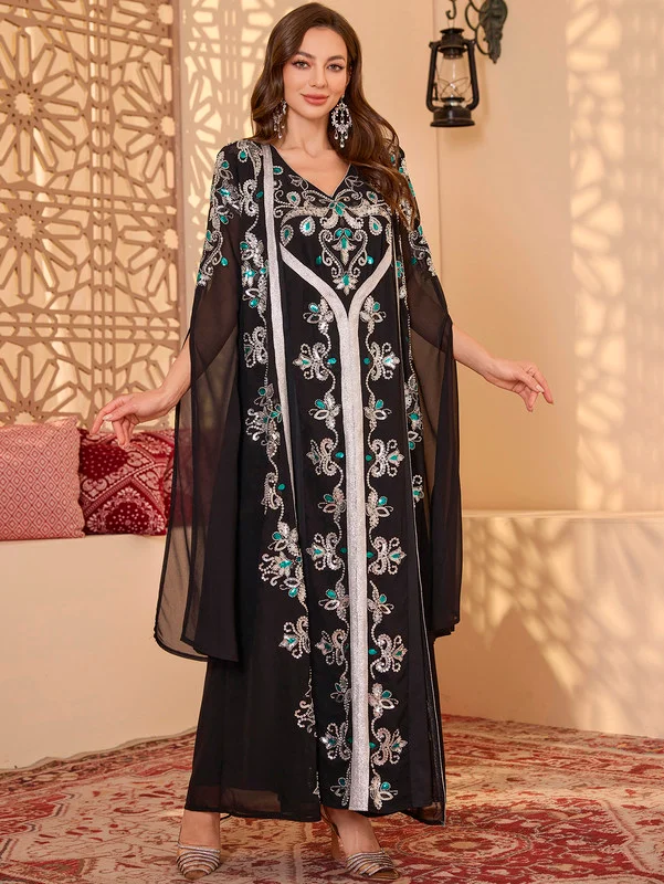 Madam Uniq 2pcs/Set Black Long Sleeve Floral Embroidery arabic tunic maxi dress ankle long dress for woman Belt Robe