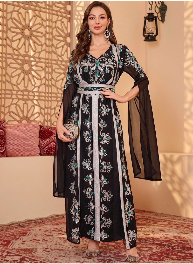 2pcs/Set Black Long Sleeve Floral Embroidery arabic tunic maxi dress ankle long dress for woman Belt Robe - pzsku/Z252CBC4561AC7CC65F3AZ/45/_/1741054409/df62ea86-4607-4963-b428-98f5a099a97f