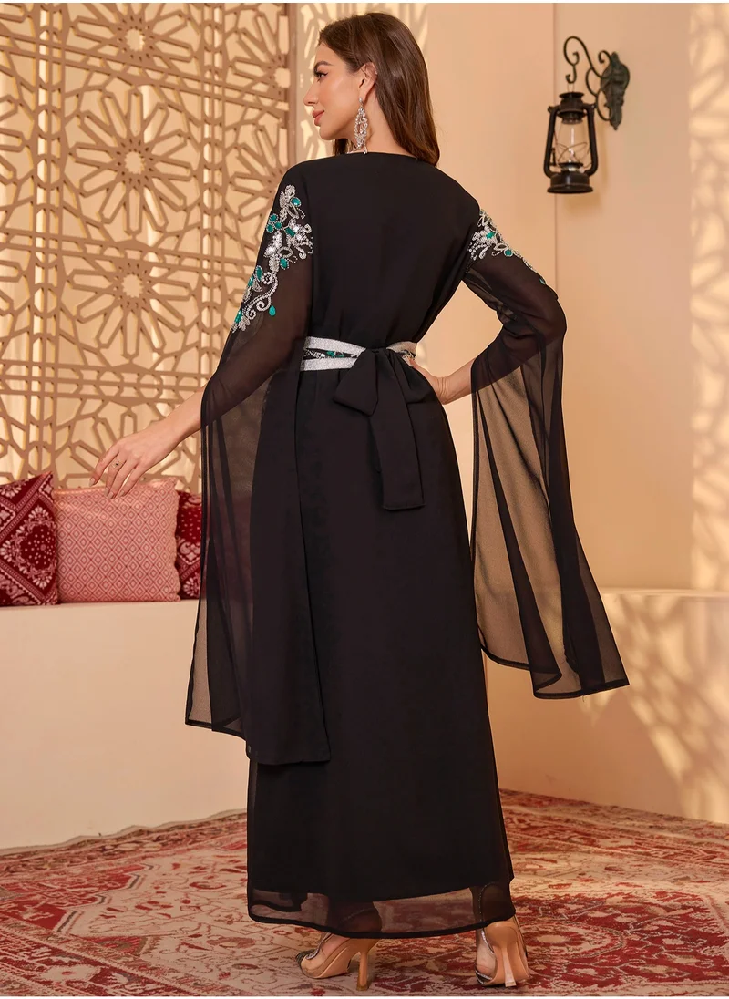 Madam Uniq 2pcs/Set Black Long Sleeve Floral Embroidery arabic tunic maxi dress ankle long dress for woman Belt Robe