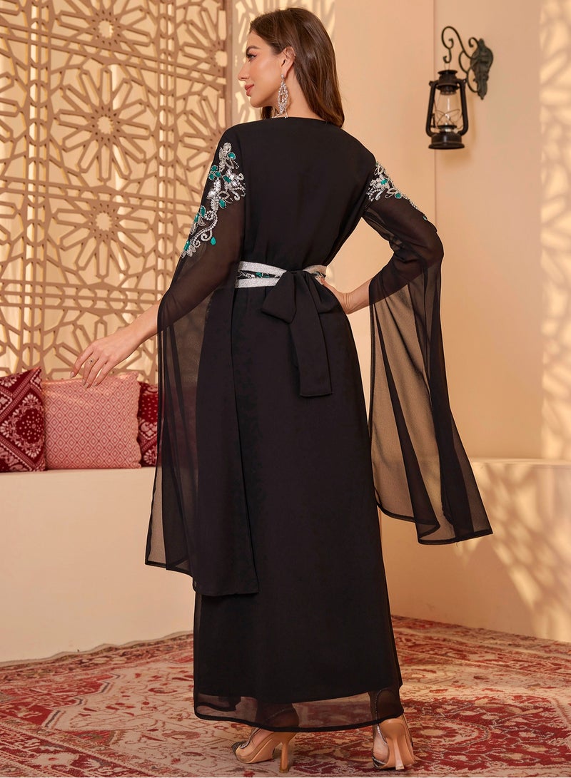 مدام يونيك 2 قطعة / كم طويل أسود زهرة التطريز العربية مربوط الخصر معطف تنورة طويلة للسيدات والكحل تنورة طويلة مع حزام الجلباب  - Image 2