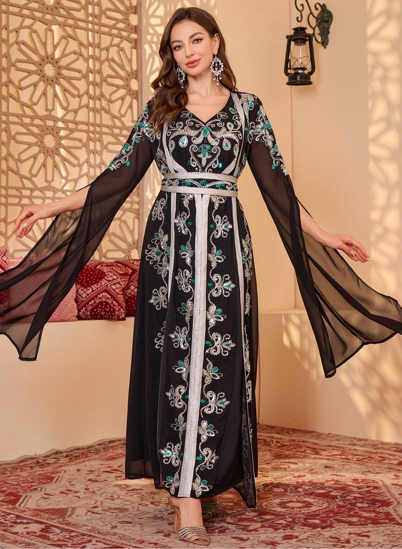 مدام يونيك 2 قطعة / كم طويل أسود زهرة التطريز العربية مربوط الخصر معطف تنورة طويلة للسيدات والكحل تنورة طويلة مع حزام الجلباب  - Image 3