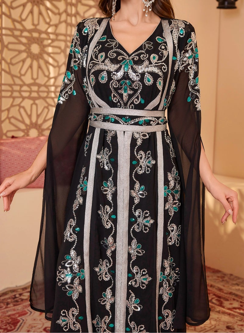 مدام يونيك 2 قطعة / كم طويل أسود زهرة التطريز العربية مربوط الخصر معطف تنورة طويلة للسيدات والكحل تنورة طويلة مع حزام الجلباب  - Image 4