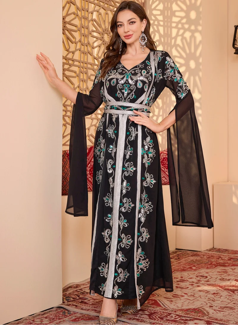 Madam Uniq 2pcs/Set Black Long Sleeve Floral Embroidery arabic tunic maxi dress ankle long dress for woman Belt Robe