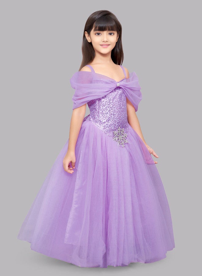 PinkChick Lavender Off-Shoulder Net Ball Gown for Girls - Image 3