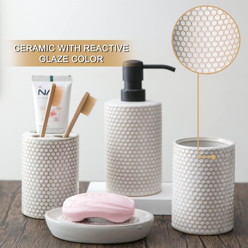 Kendiis Bathroom Accessories Set 4 - Ceramic Bathroom White Accessory Completes with Soap Dispenser, Toothbrush Holder, Tumbler, Soap Dish - Modern Decor, Bathroom Home Decor, Countertop Organize - Image 2
