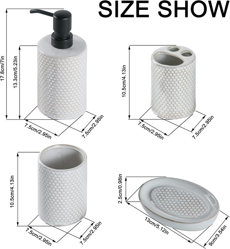 Kendiis Bathroom Accessories Set 4 - Ceramic Bathroom White Accessory Completes with Soap Dispenser, Toothbrush Holder, Tumbler, Soap Dish - Modern Decor, Bathroom Home Decor, Countertop Organize - Image 4