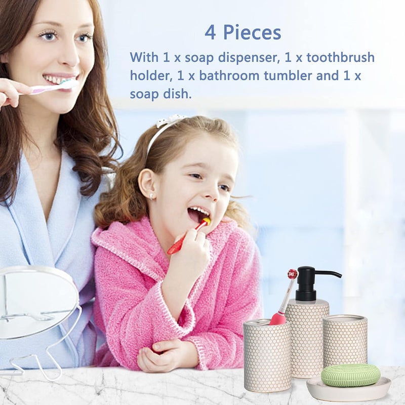 Kendiis Bathroom Accessories Set 4 - Ceramic Bathroom White Accessory Completes with Soap Dispenser, Toothbrush Holder, Tumbler, Soap Dish - Modern Decor, Bathroom Home Decor, Countertop Organize - Image 5