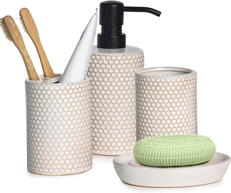Kendiis Bathroom Accessories Set 4 - Ceramic Bathroom White Accessory Completes with Soap Dispenser, Toothbrush Holder, Tumbler, Soap Dish - Modern Decor, Bathroom Home Decor, Countertop Organize - Image 1