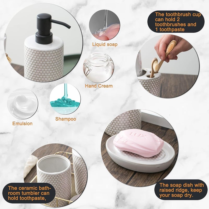 Kendiis Bathroom Accessories Set 4 - Ceramic Bathroom White Accessory Completes with Soap Dispenser, Toothbrush Holder, Tumbler, Soap Dish - Modern Decor, Bathroom Home Decor, Countertop Organize - Image 3