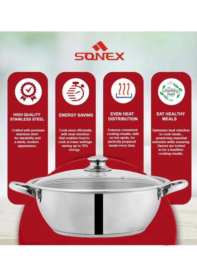 SONEX SONEX Mega Wok/Kadai, 30 cm (6 Ltr) Stainless Steel – Glass Lid with Steam Vent, Durable Handles, Sandwich Bottom for Even Heating, Sleek Modern Design for Efficient and Stylish Cooking  - Image 4