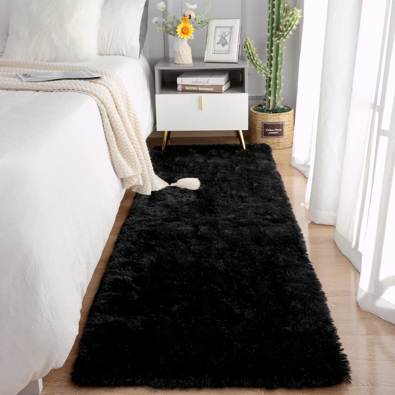 Chicrug Soft Runner Rug for Bedroom Living Room Plush Fluffy Rug 2x8 Feet Shag Furry Runner Rug Carpet Non Shedding for Nursery Children Kids Girls Room Home Decorative Black