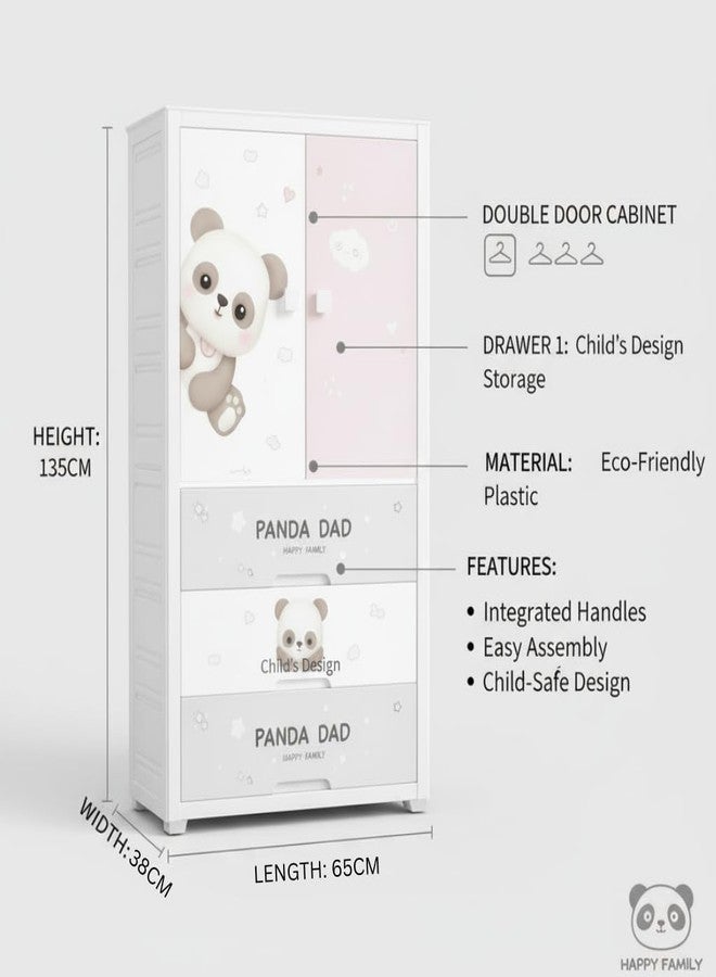 EXVITO Kids Plastic Wardrobe with Drawers | 1+2 Tier Kids Panda-Themed Wardrobe with Drawers | Cute Cartoon Baby Clothes Storage Cabinet | Durable Nursery Organizer for Boys & Girls - Panda - Image 2