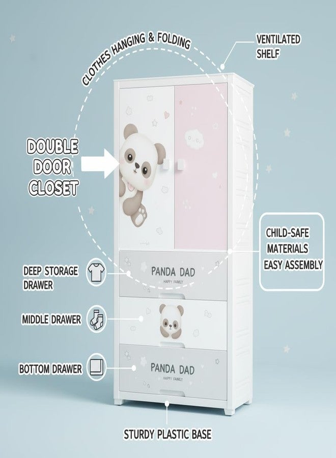 EXVITO Kids Plastic Wardrobe with Drawers | 1+2 Tier Kids Panda-Themed Wardrobe with Drawers | Cute Cartoon Baby Clothes Storage Cabinet | Durable Nursery Organizer for Boys & Girls - Panda - Image 3