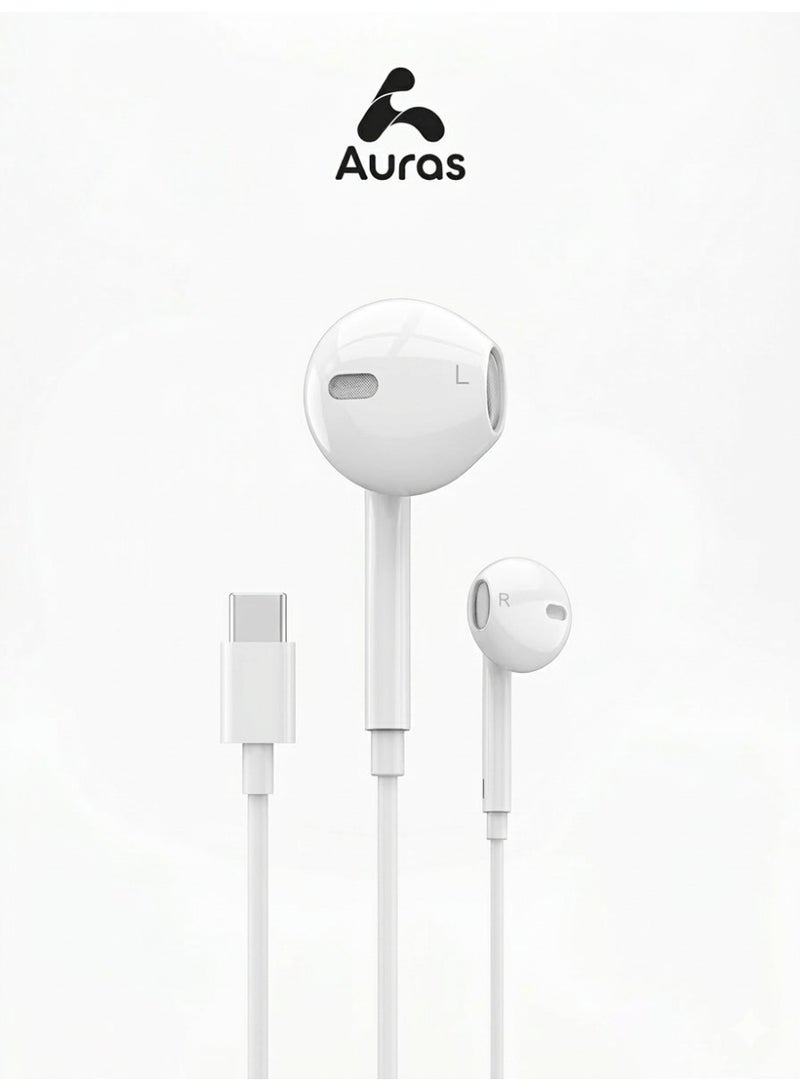 AURAS Type-C Wired Earphones - Model AR-EP02, High-Fidelity Stereo Sound with In-line Microphone and Volume Control, White - Image 1