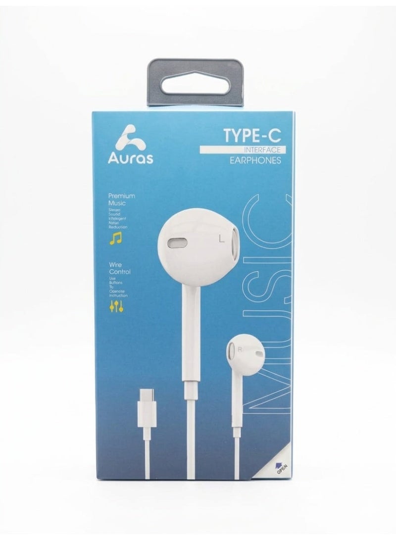 AURAS Type-C Wired Earphones - Model AR-EP02, High-Fidelity Stereo Sound with In-line Microphone and Volume Control, White - Image 2