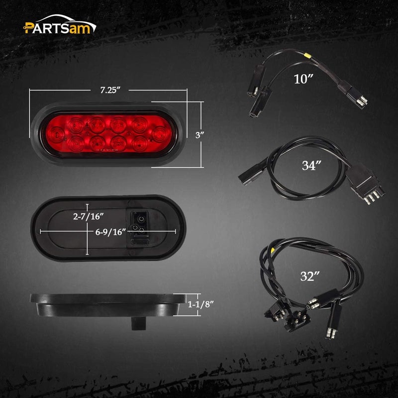 Partsam Red Cargo Carrier LED Lights Kit - 2Pcs 6 Inch Oval Waterproof Tail Lights with Rubber Grommets and 76" Wiring Harness - Image 4