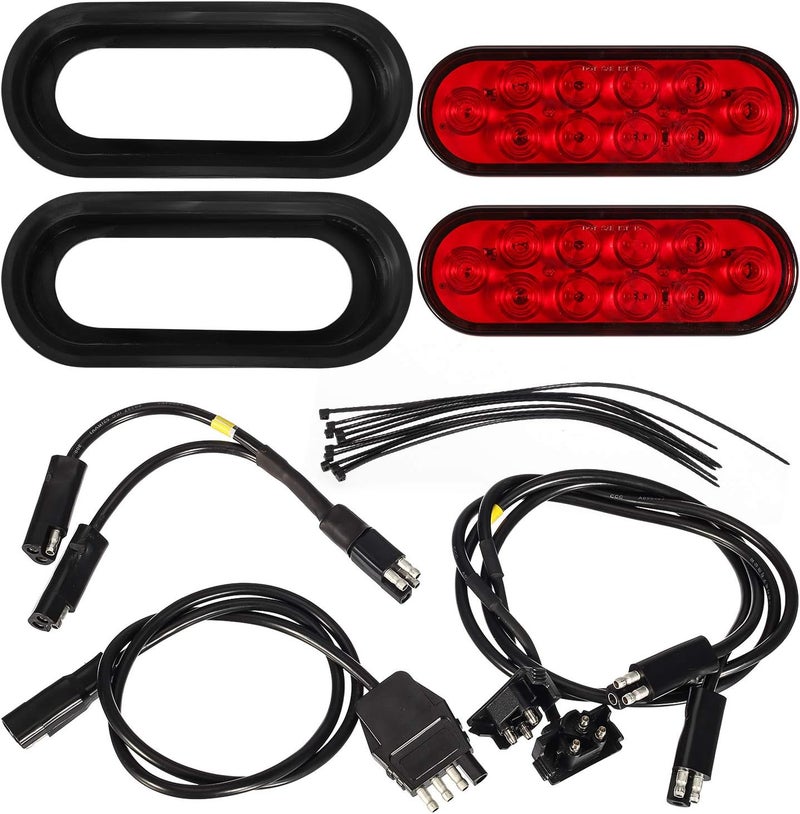 Partsam Red Cargo Carrier LED Lights Kit - 2Pcs 6 Inch Oval Waterproof Tail Lights with Rubber Grommets and 76" Wiring Harness - Image 1