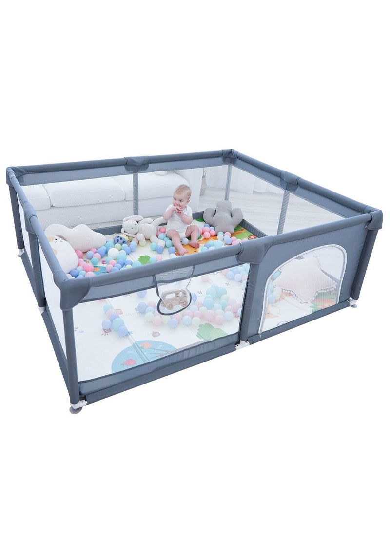 Baby Playpen 150x180x68 Cm Large Playpen for Baby and Toddlers Large Playard Anti Collision Foam Playpens With Breathable Mesh for Babies Safety Play Yard for Toddler Not Included Mat Grey