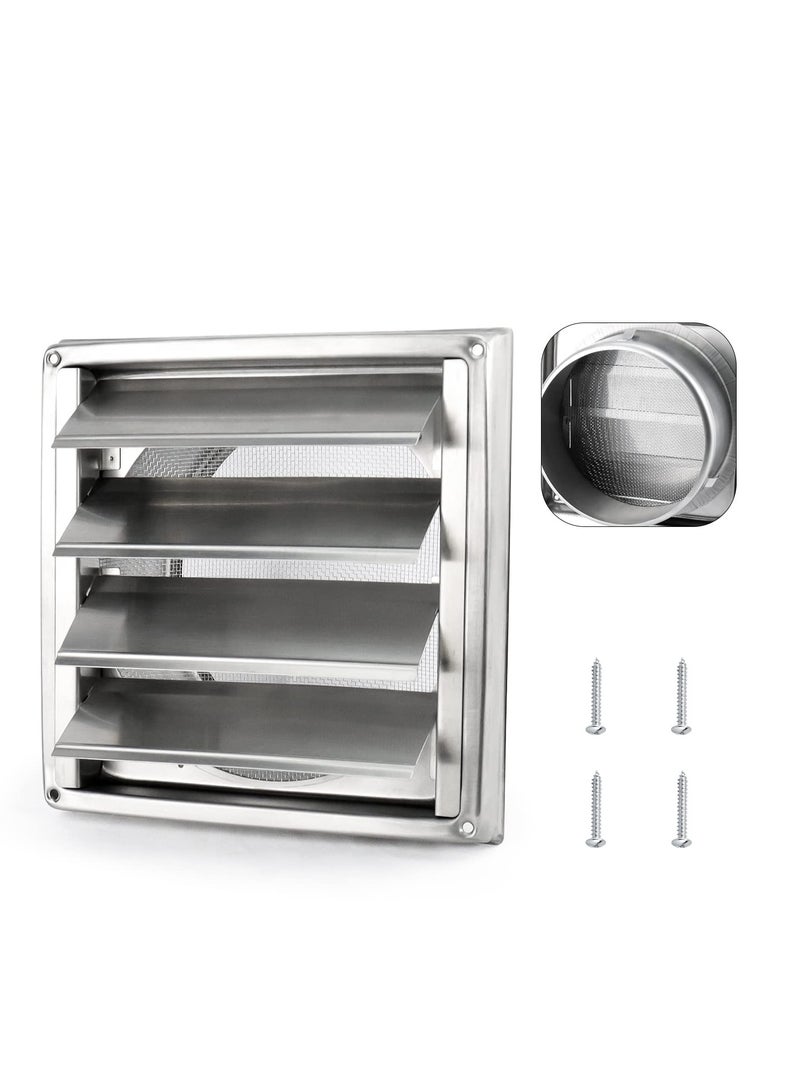 SYOSI غطاء فتحة تهوية مجفف من الفولاذ المقاوم للصدأ 6 بوصات مع لاملا متحركة وشبكة، فتحة جدارية خارجية مربعة من الفولاذ المقاوم للصدأ 6 بوصات تشمل 4 براغي لتركيب سهل - Image 1
