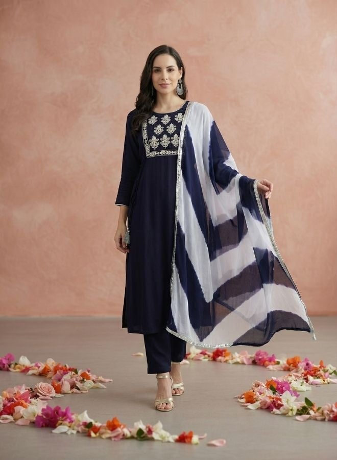 Yuris Women Navy Blue Pure Cotton Kurta with Trousers  With Dupatta - Image 1