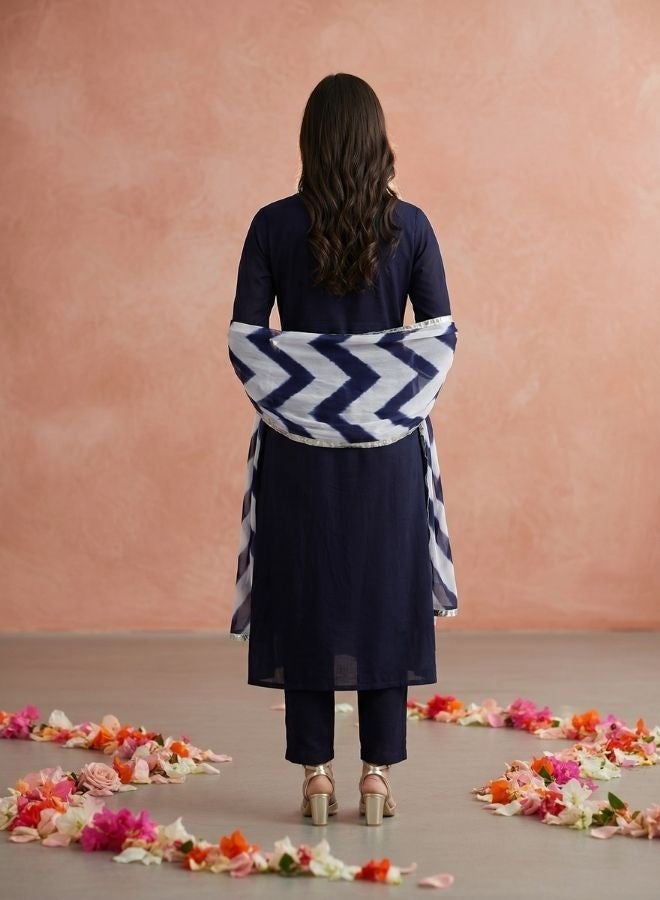 Yuris Women Navy Blue Pure Cotton Kurta with Trousers  With Dupatta - Image 5