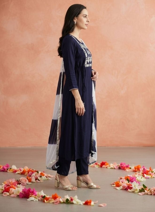 Yuris Women Navy Blue Pure Cotton Kurta with Trousers  With Dupatta - Image 4