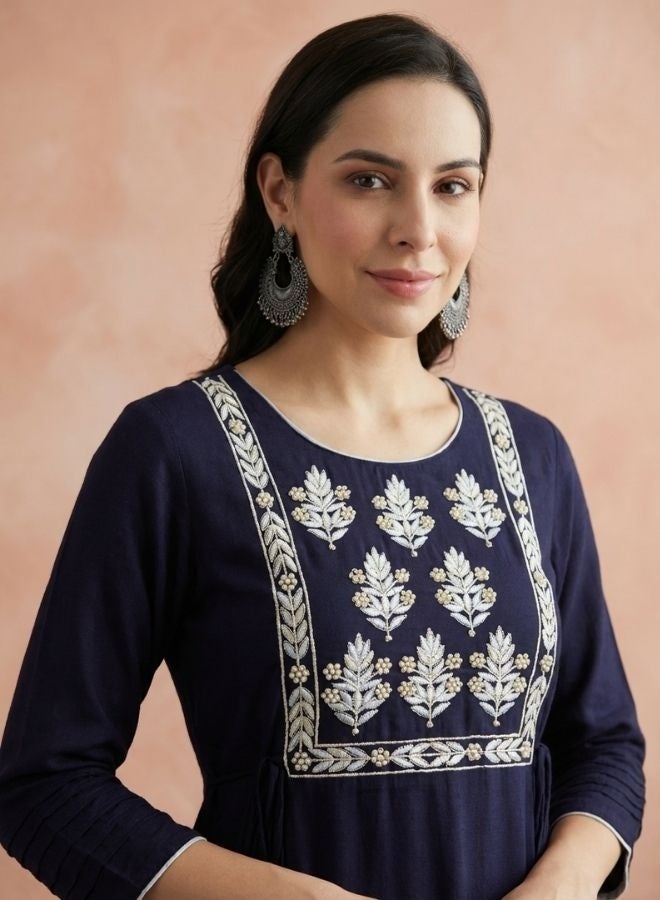 Yuris Women Navy Blue Pure Cotton Kurta with Trousers  With Dupatta - Image 2
