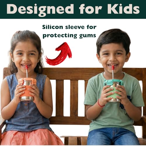 MARU Steel Sipper for Kids/Baby/Toddlers 300ml, Steel Drinking Glass Tumbler with Lids & Straw, Anti-Slip Silicone Grip Avoids Spilling, Easy to Carry & Use - Water, Milk, Juices & More - Ice Pink - Image 5