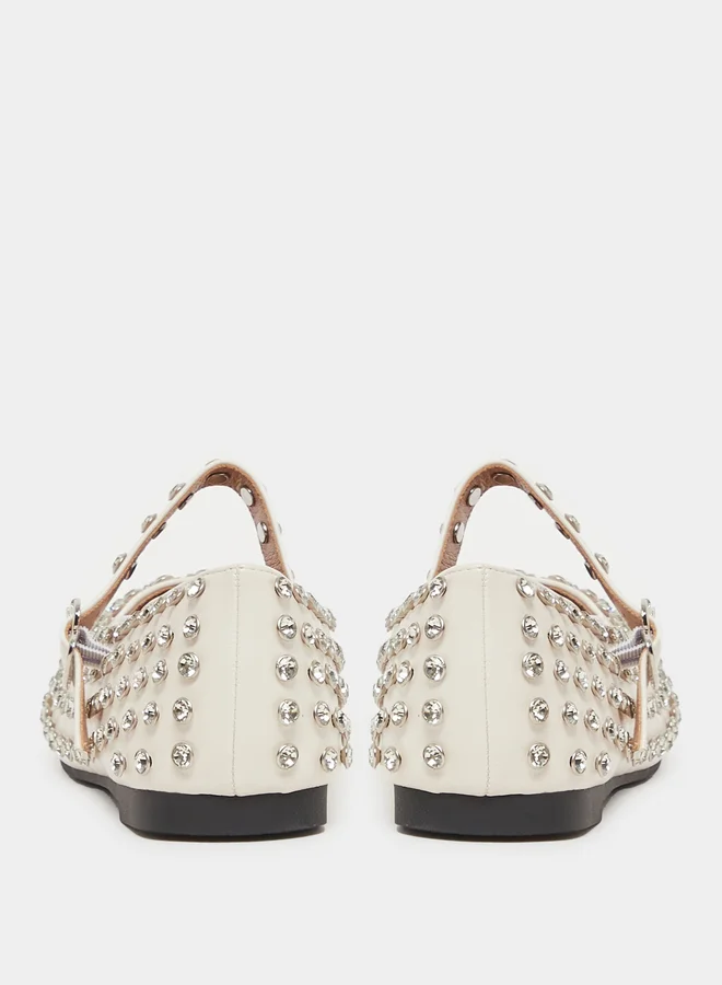 Styli Studded Pointed Toe Ballerina with Buckle Closure