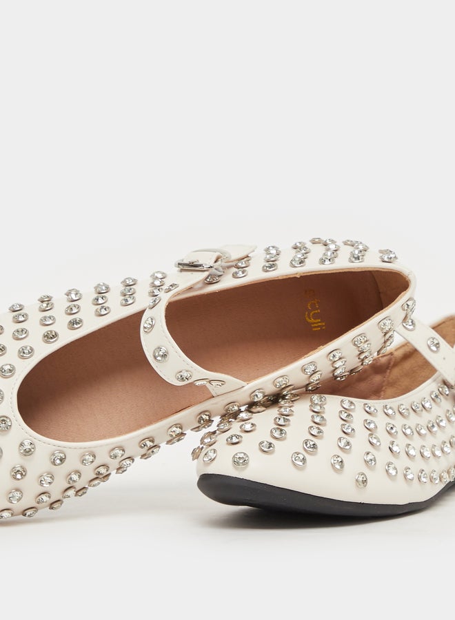 Styli Studded Pointed Toe Ballerina with Buckle Closure  - Image 4