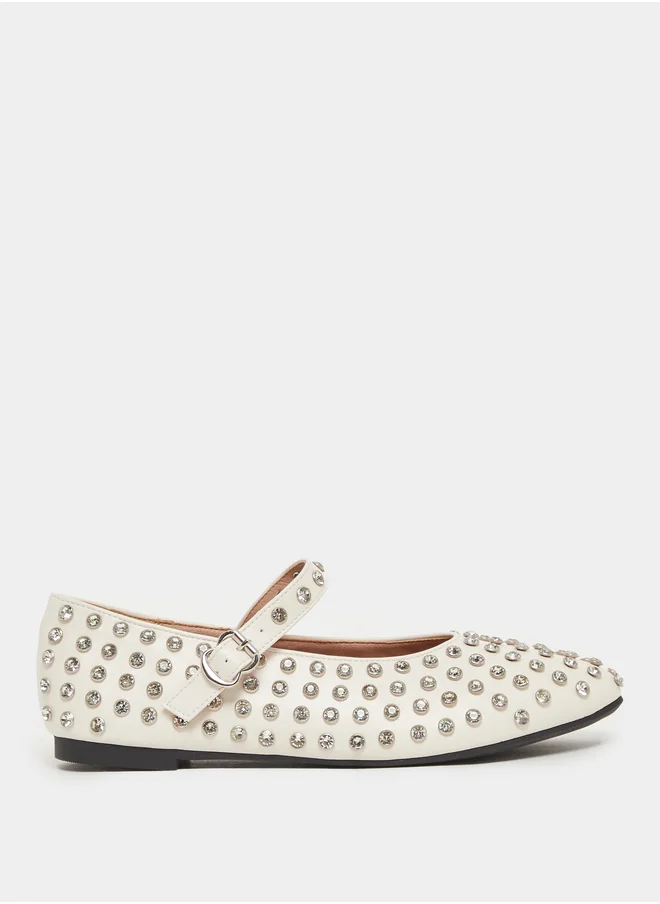 Styli Studded Pointed Toe Ballerina with Buckle Closure
