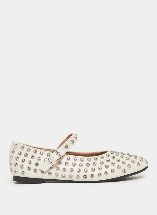 Styli Studded Pointed Toe Ballerina with Buckle Closure  - Image 2