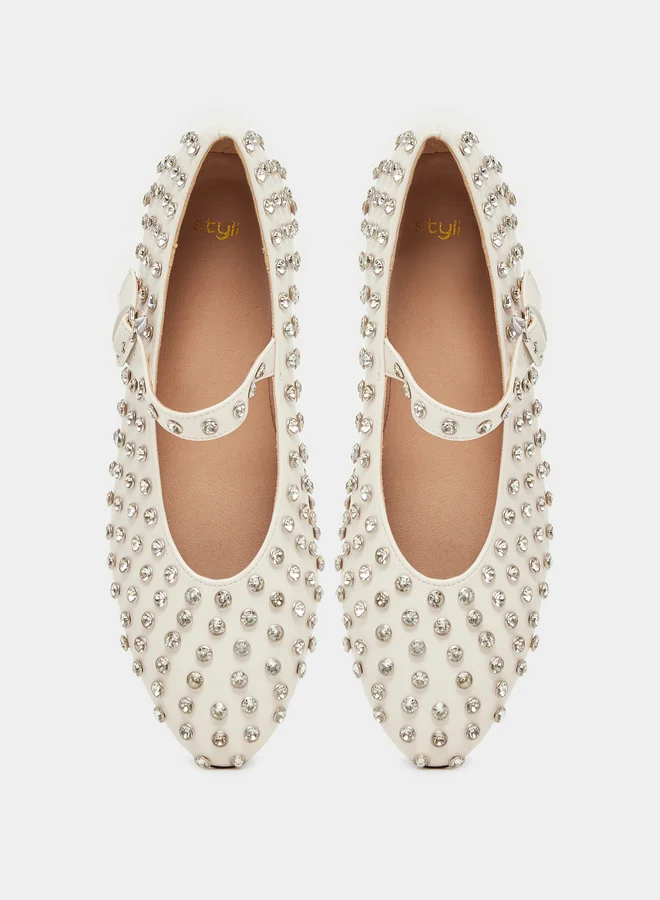 Styli Studded Pointed Toe Ballerina with Buckle Closure