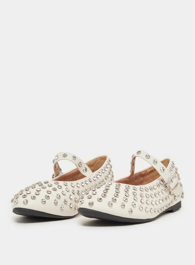 Styli Studded Pointed Toe Ballerina with Buckle Closure
