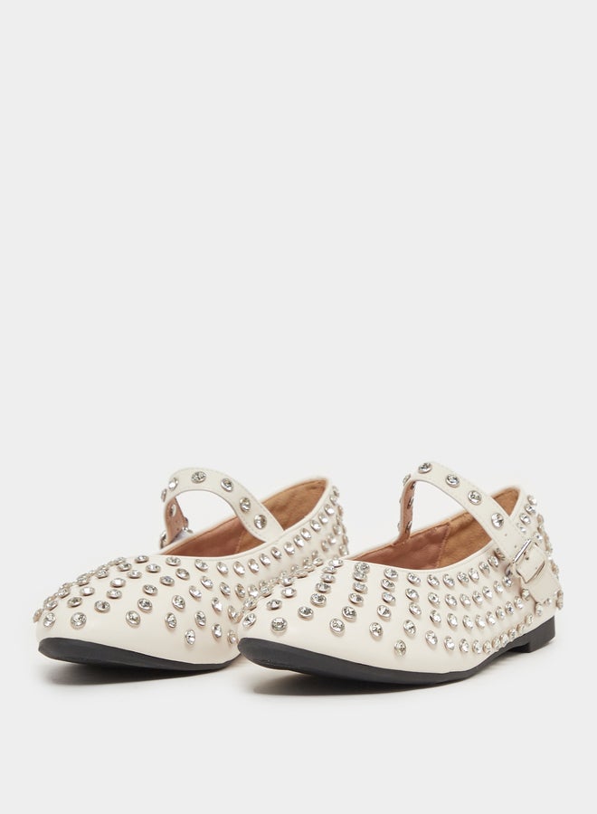 Styli Studded Pointed Toe Ballerina with Buckle Closure  - Image 3