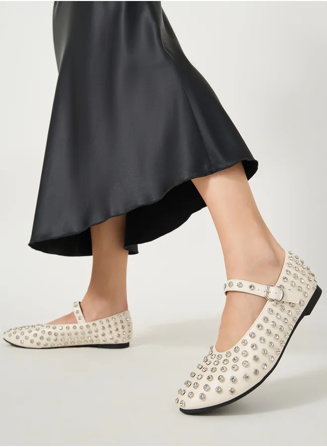 Styli Studded Pointed Toe Ballerina with Buckle Closure