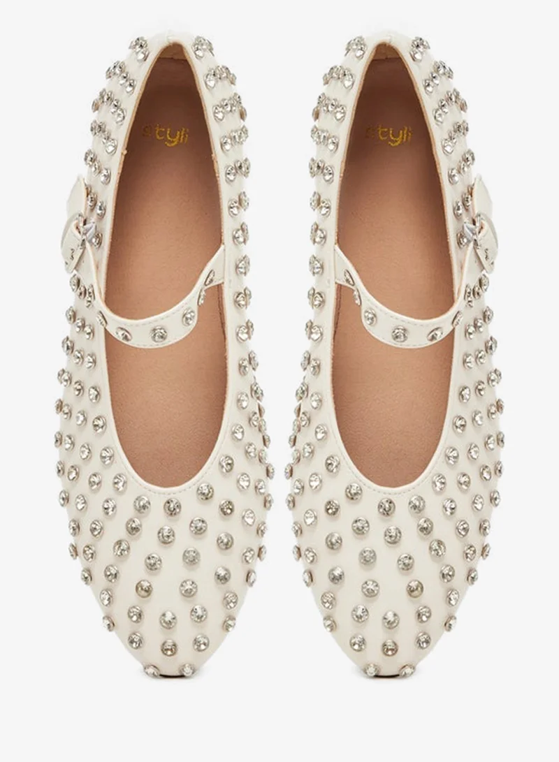 Styli Studded Pointed Toe Ballerina with Buckle Closure