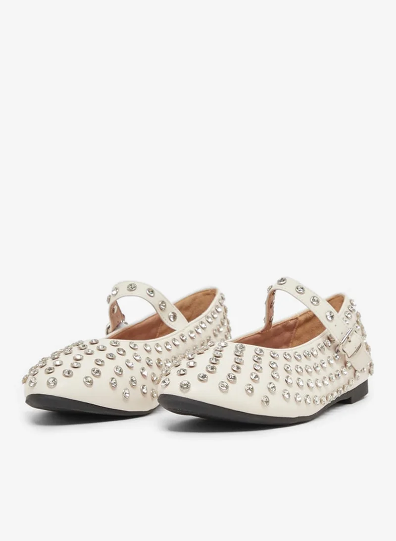 Styli Studded Pointed Toe Ballerina with Buckle Closure