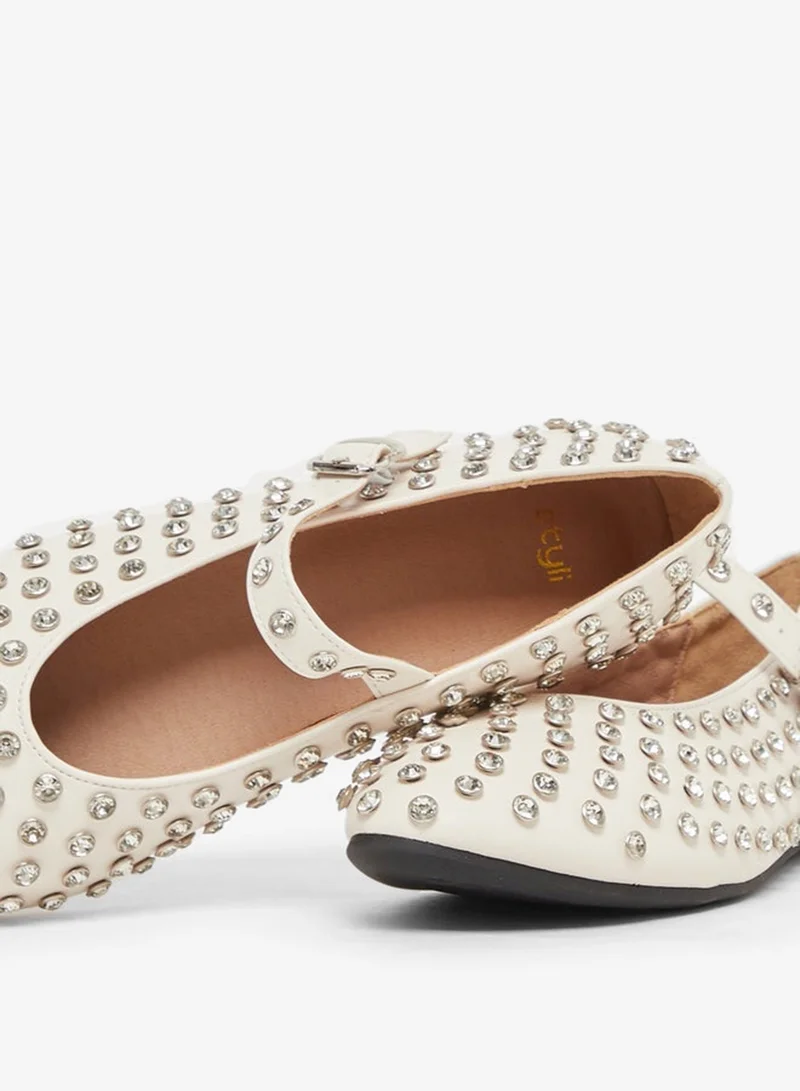 Styli Studded Pointed Toe Ballerina with Buckle Closure