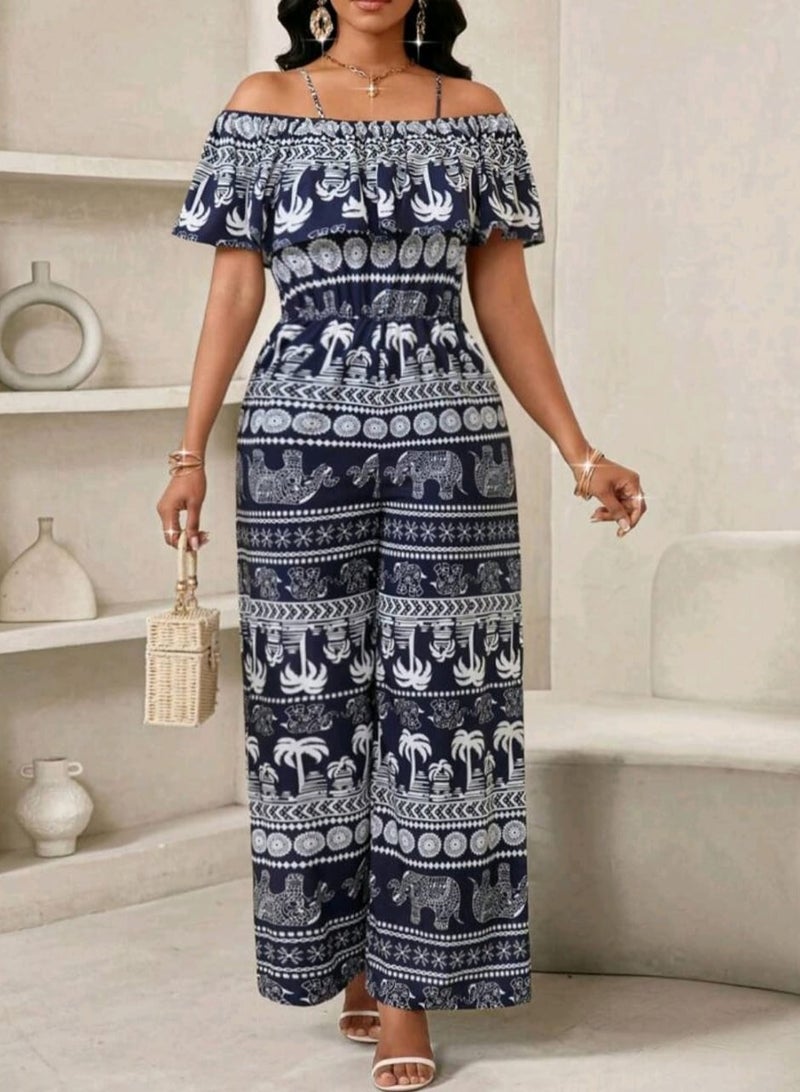 Shein SHEIN Lady Women Vacation Coconut Tree & Elephant Print Open Shoulder Jumpsuit, Summer - Image 1
