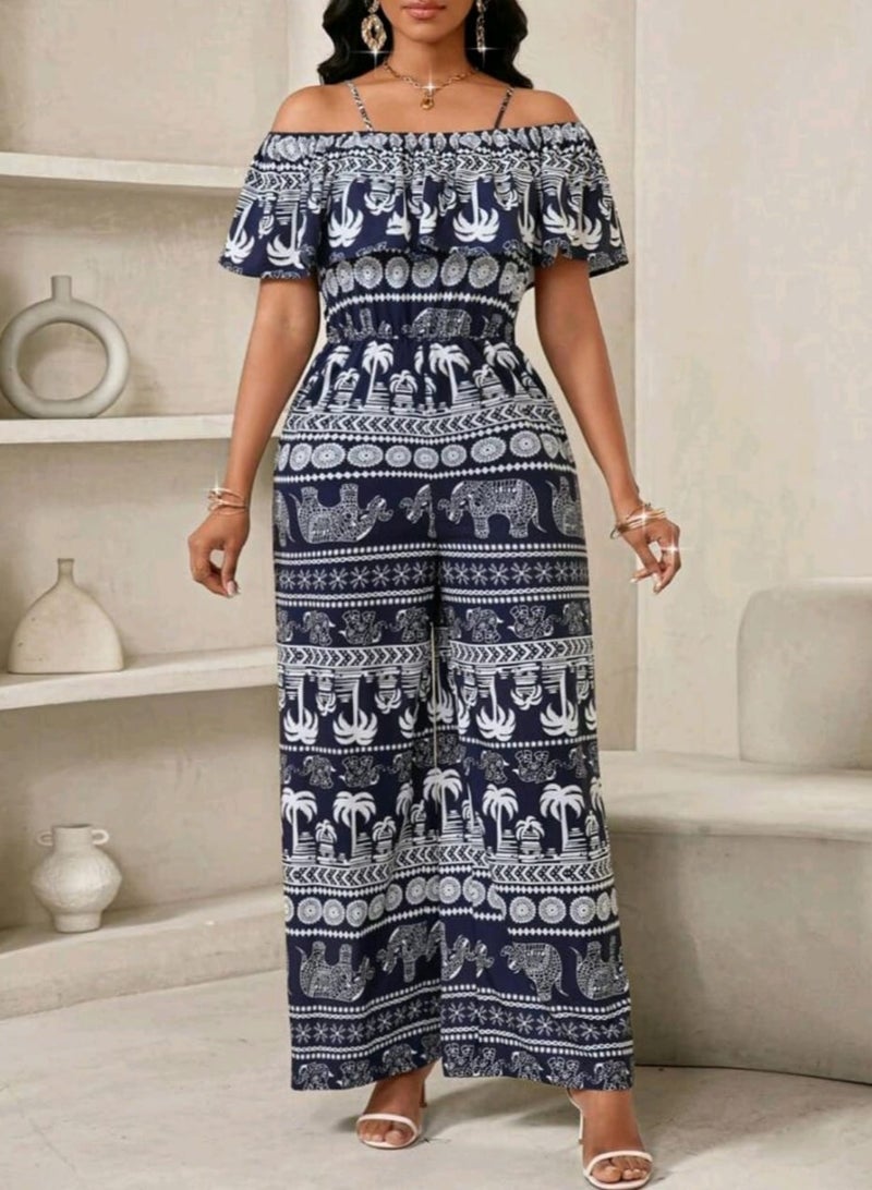 Shein SHEIN Lady Women Vacation Coconut Tree & Elephant Print Open Shoulder Jumpsuit, Summer - Image 2