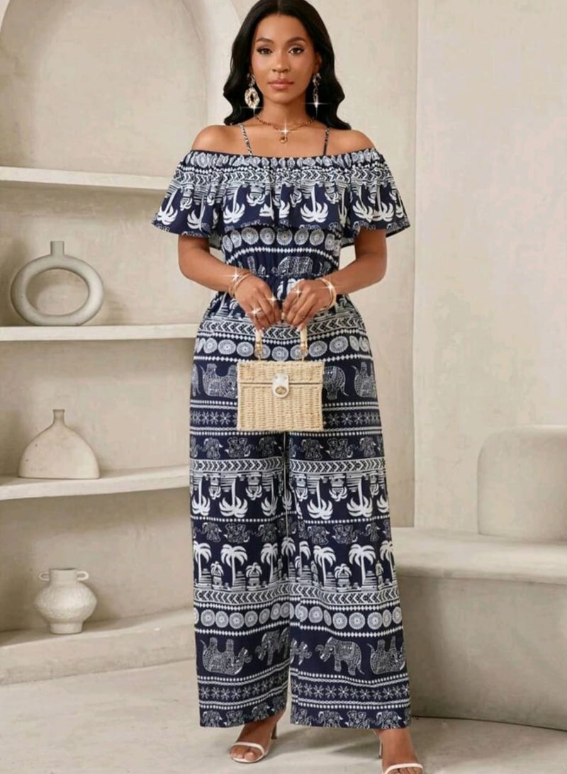 Shein SHEIN Lady Women Vacation Coconut Tree & Elephant Print Open Shoulder Jumpsuit, Summer - Image 3