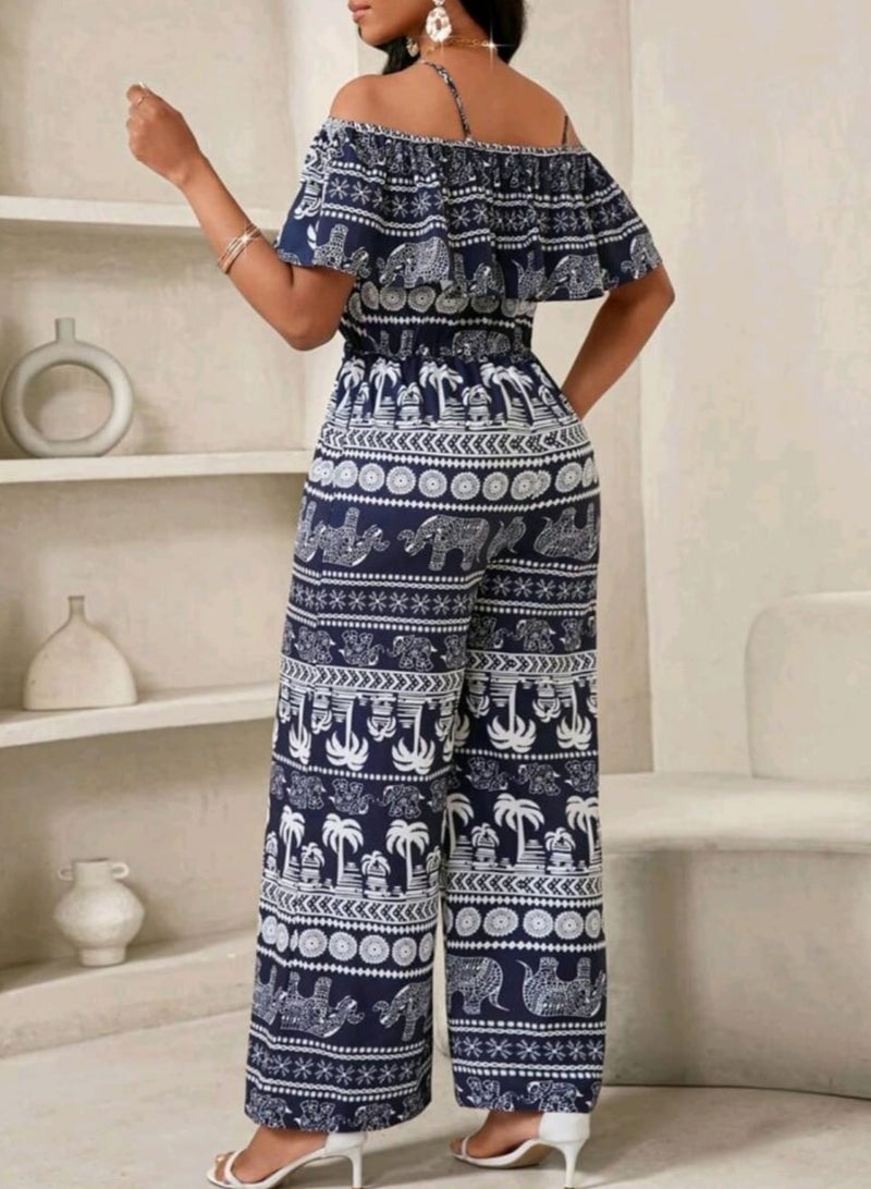 Shein SHEIN Lady Women Vacation Coconut Tree & Elephant Print Open Shoulder Jumpsuit, Summer - Image 5