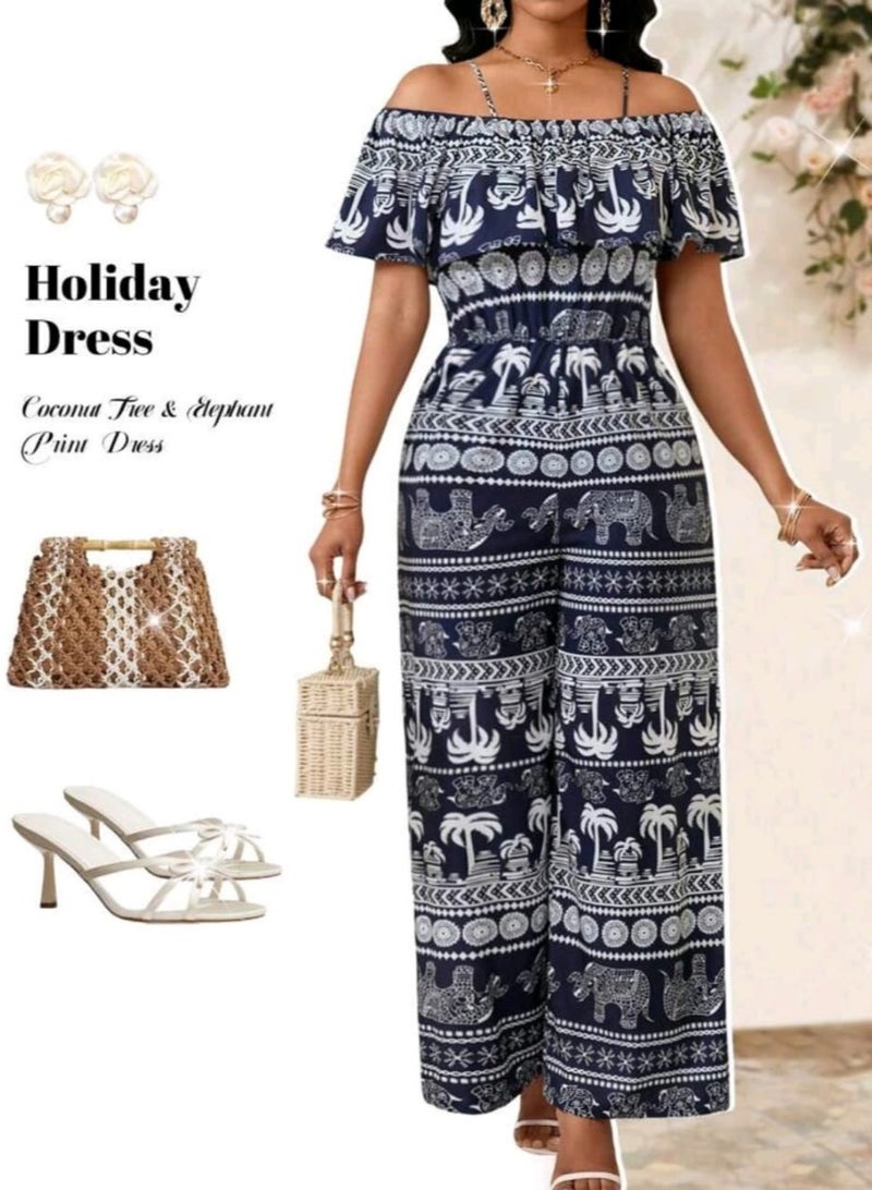 Shein SHEIN Lady Women Vacation Coconut Tree & Elephant Print Open Shoulder Jumpsuit, Summer - Image 4