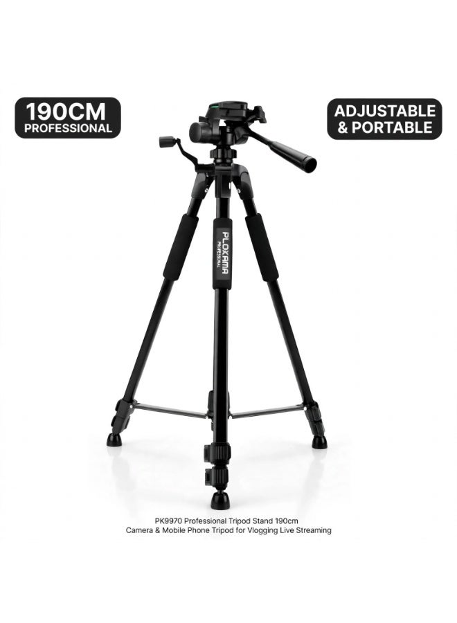 PLOKAMA PK9970 190cm Professional Tripod Stand, Adjustable Height Camera & Mobile Phone Tripod with Universal Phone Holder, Lightweight Foldable Photography Stand for Video Recording, Vlogging, Live Streaming & Content Creation - Image 1