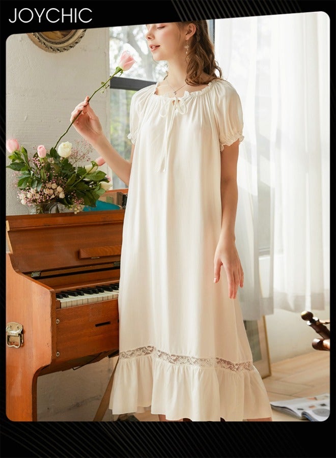 Joychic فستان نوم جميل بأكمام قصيرة، ثوب نوم طويل، ربيعي صيفي خريفي، بوليستر قابل للتنفس، ملابس نوم ذات ياقة دائرية للنساء، أبيض - Image 1