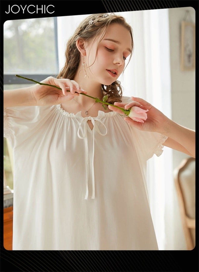 Joychic فستان نوم جميل بأكمام قصيرة، ثوب نوم طويل، ربيعي صيفي خريفي، بوليستر قابل للتنفس، ملابس نوم ذات ياقة دائرية للنساء، أبيض - Image 2