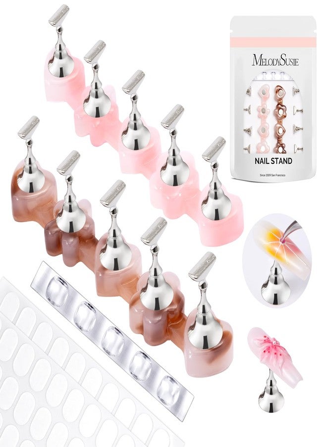 MelodySusie Nail Stand for Press Ons, Flower and Heart Shape Magnetic Base for Painting Display with Brush Holder and 100 Pcs Reusable Double-Sided Tape for Home DIY Salon Supplies, Pink and Coffee - Image 1