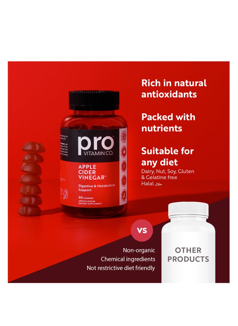 PRO VITAMIN CO - Pro Vitamin Co Apple Cider Vinegar+ Gummy Vitamins - Digestive & Metabolism Support, Halal, Vegan Friendly, Gluten Free, Pomegranate, Betroot, Folic Acid, Vitamin B12 - 1 Pack 60 Gummies - Image 1
